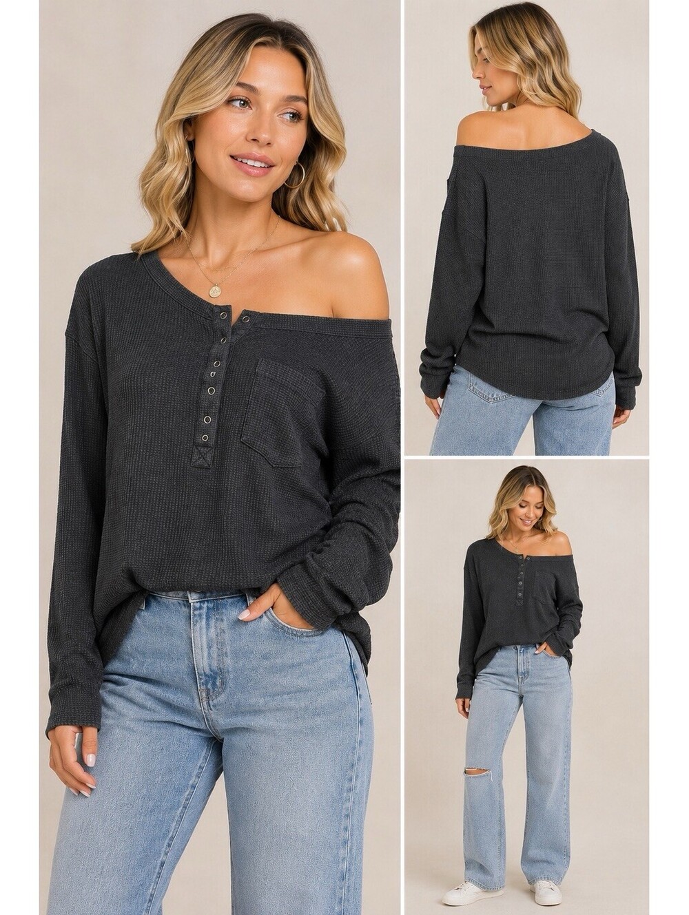Zenana Charcoal Gray Waffle Knit Henley Top Size M Oversized Relaxed Long Sleeve